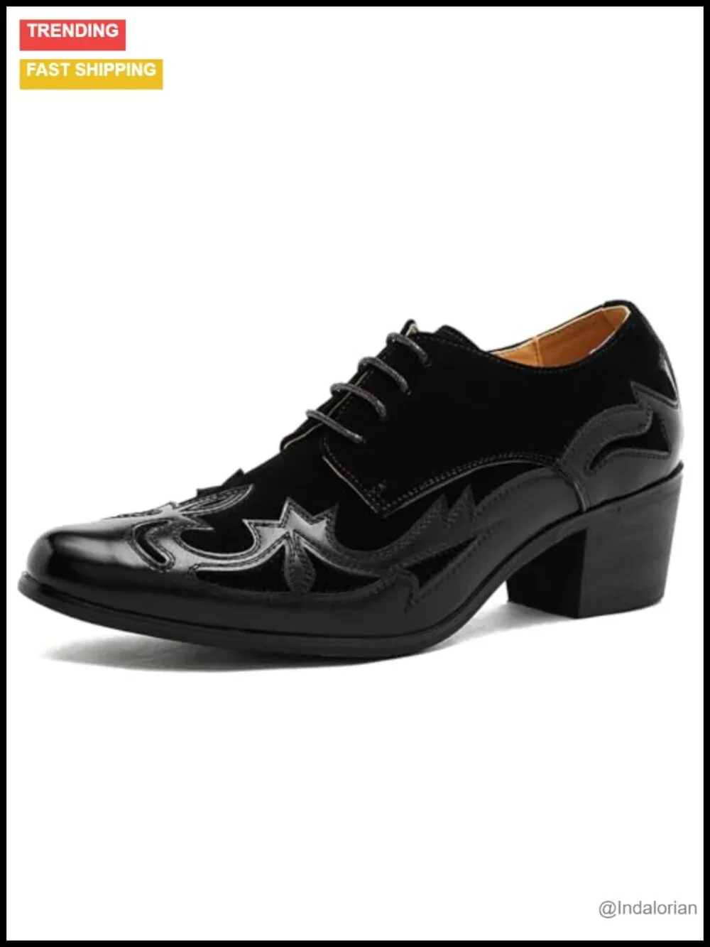 Men's Retro Embroidery Chunky Heel Oxfords Lace Up Pointed Toe Leather-Patched